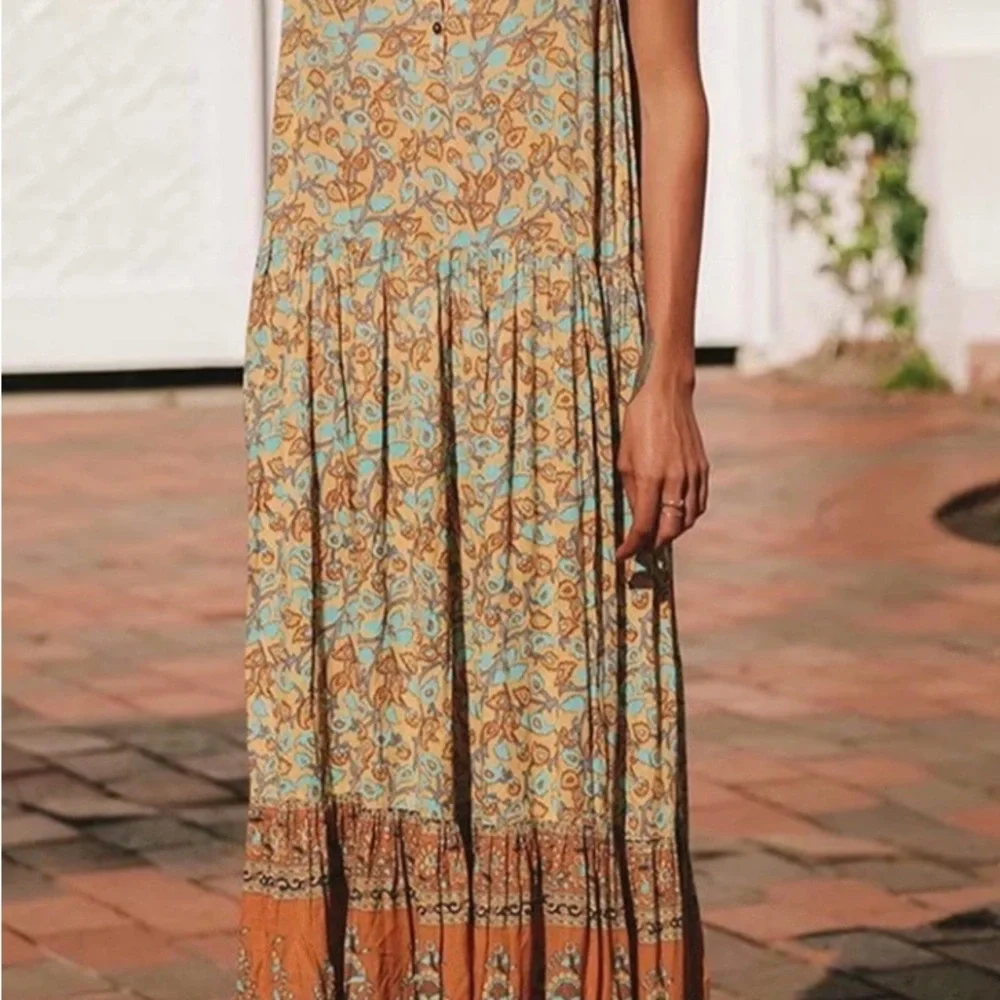 Spell Maxi Dress in Tan and Light Blue Floral Print - Picture 1 of 3